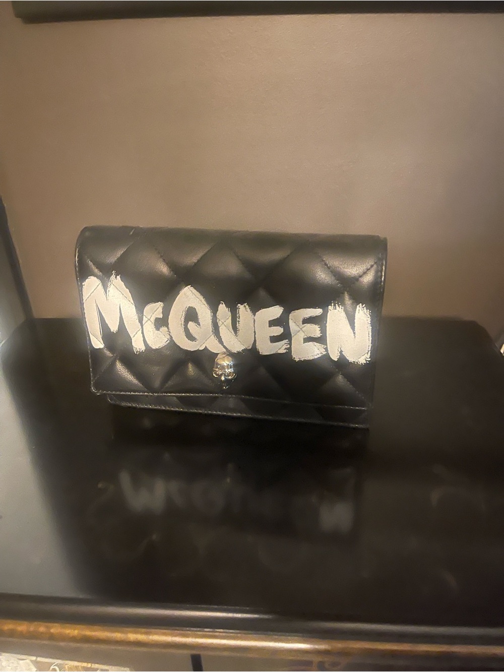 Alexander McQueen Black Quilted Leather Clutch with White Graffiti Logo